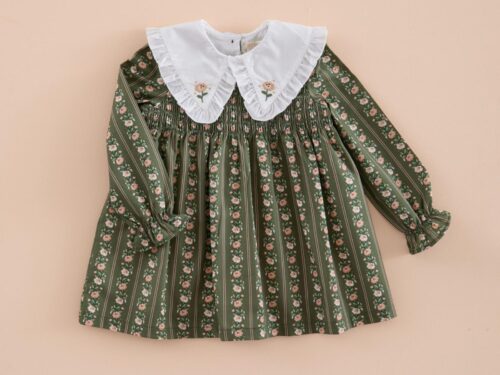 Vestido Cuello Bordado Raya Flor Verde Musgo